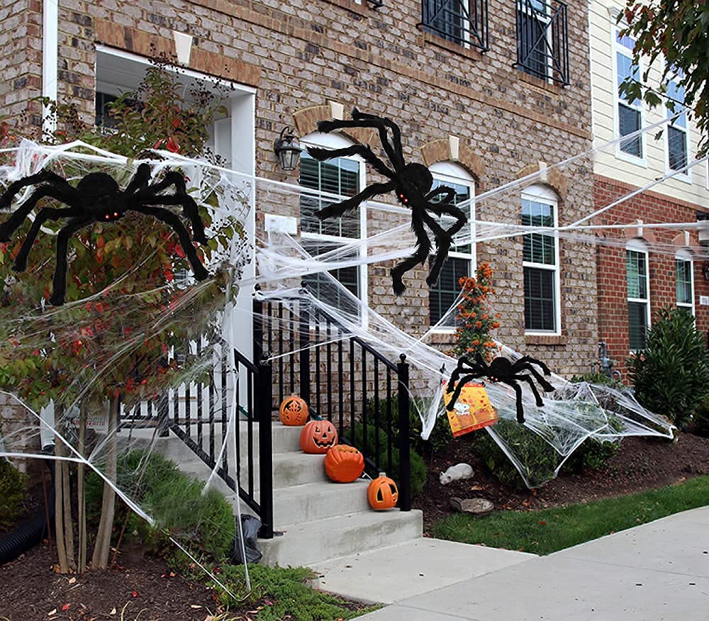 Poseable Hairy Spider Trio with 12 Foot Web for Halloween Doorways Hedges and Rails in Black Or White