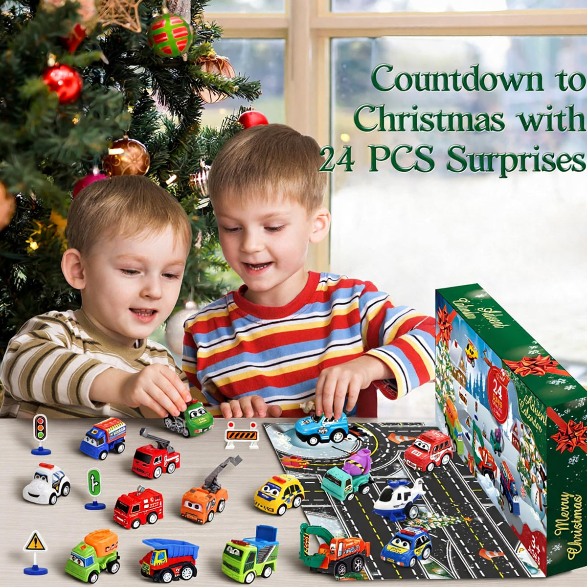 Twenty One Pull Back Cars and Three Road Sign Sets Packed in a Green 24 Window Holiday Countdown Box