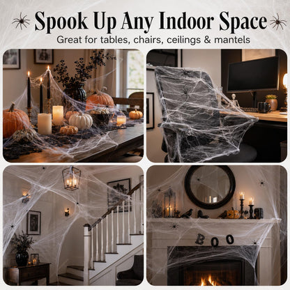 Wispy White Cobweb Bags with 40 Plastic Spiders in Six Coverage Sizes for Hedges Porches and Rooms