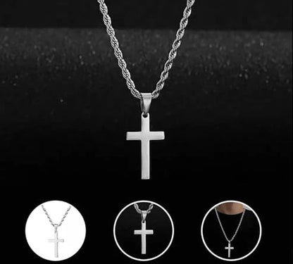 Mens Steel Crucifix Charm Chain, Silver Tone with Clasp Fastening