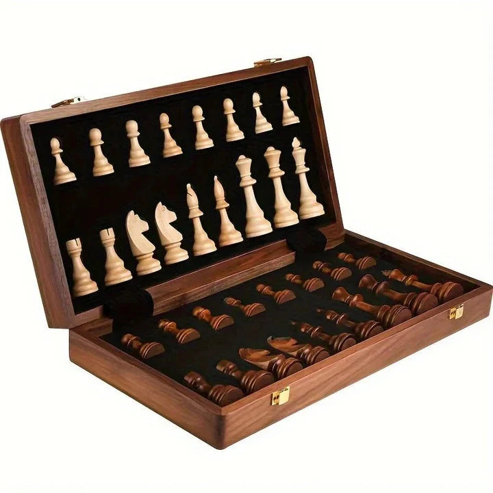 Handcrafted Solid Wood Chess Board with Carved Pieces and Storage Drawer
