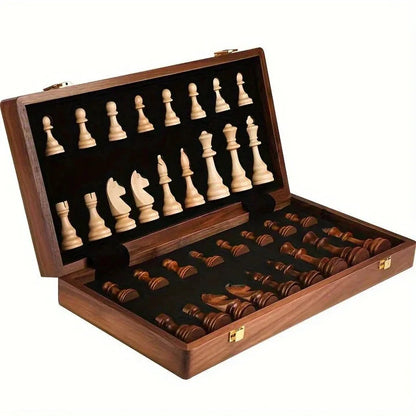 Handcrafted Solid Wood Chess Board with Carved Pieces and Storage Drawer