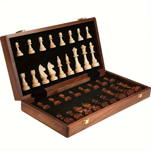 Handcrafted Solid Wood Chess Board with Carved Pieces and Storage Drawer