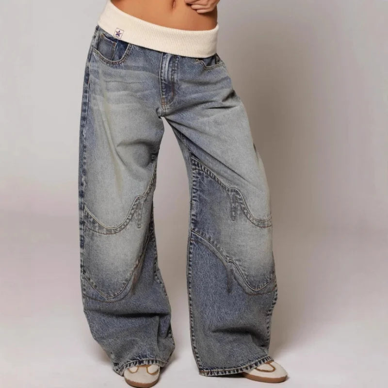 Women's Light Wash Denim Trousers with Stretch Waist and Loose Straight Cut