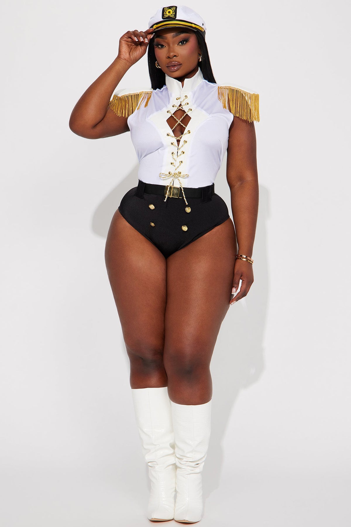 Nautical Sailor Costume Set in White with Fringe Trim, Waist Belt, and Captain Hat