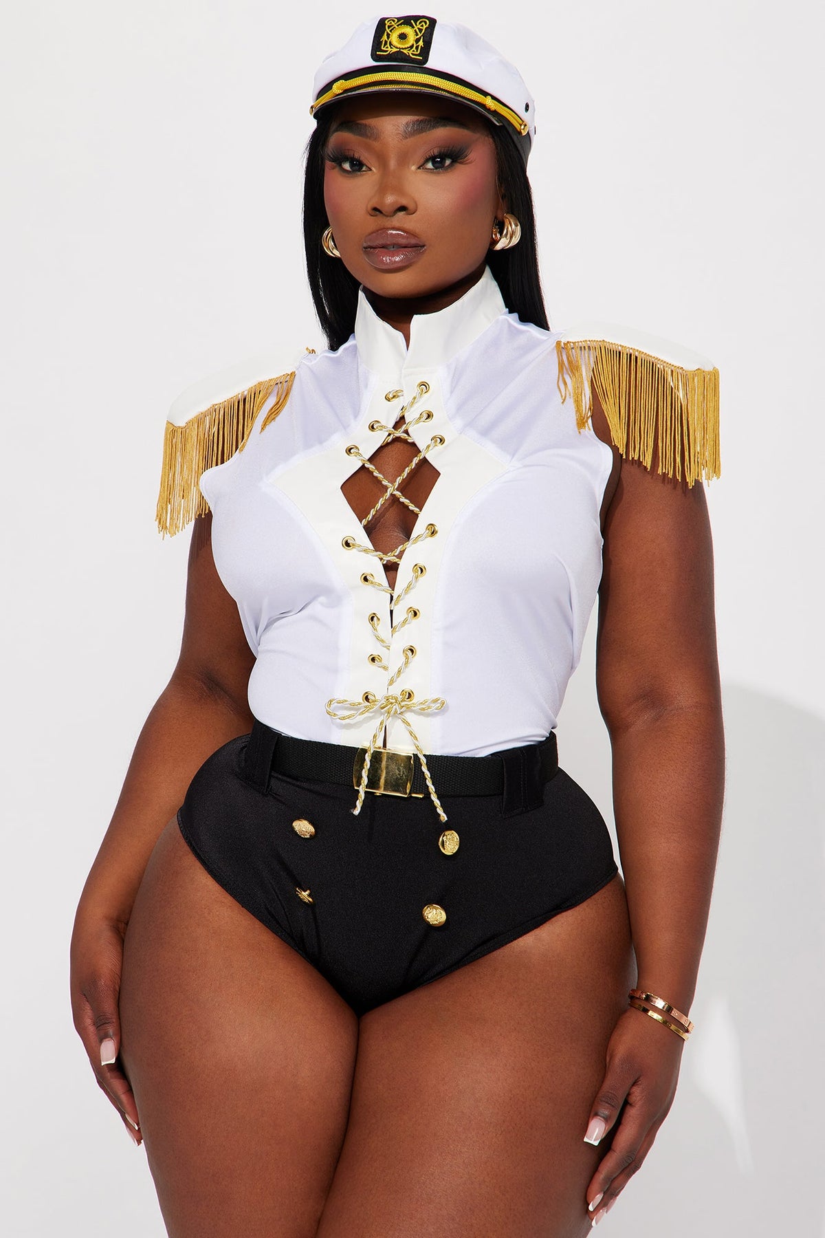 Nautical Sailor Costume Set in White with Fringe Trim, Waist Belt, and Captain Hat