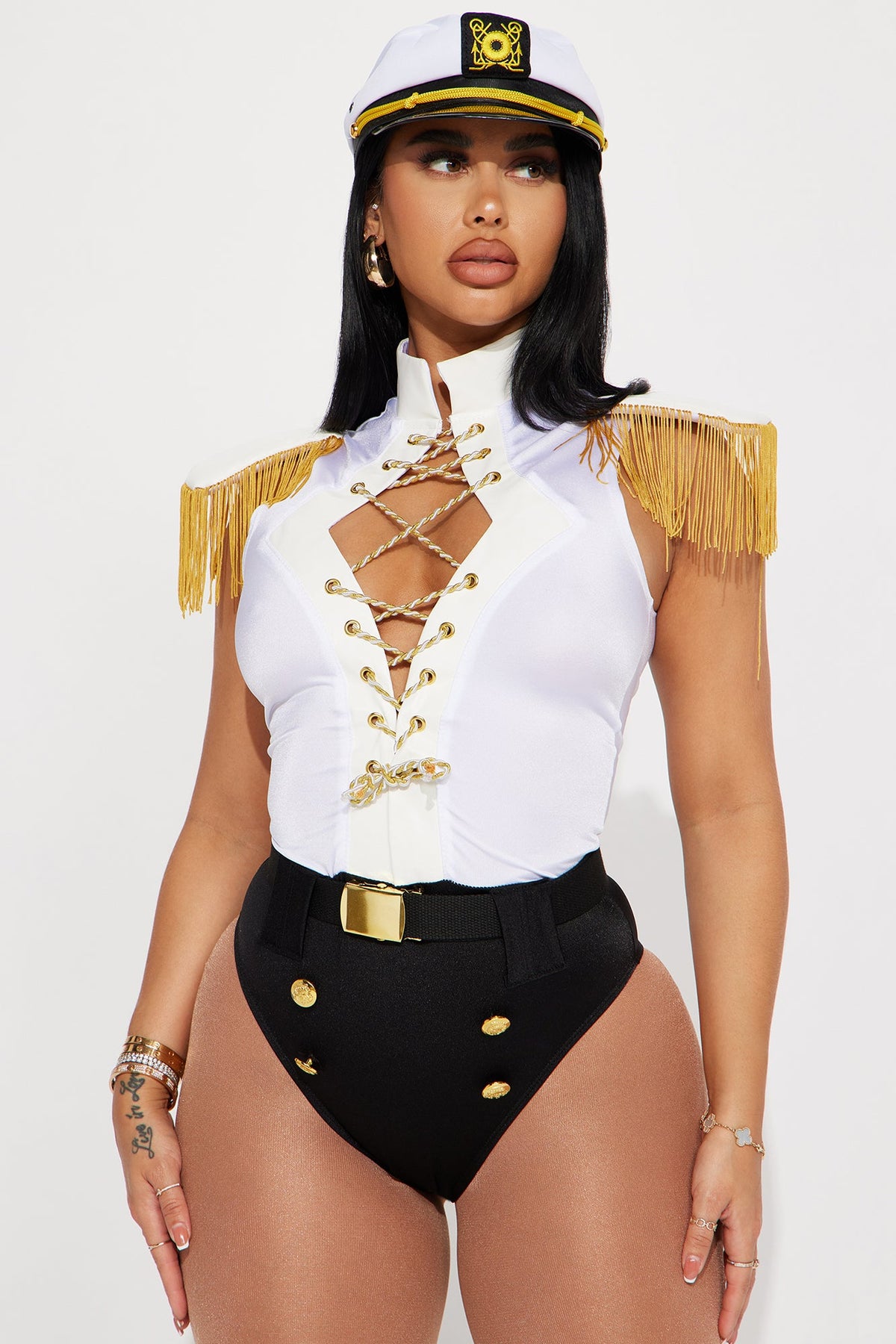 Nautical Sailor Costume Set in White with Fringe Trim, Waist Belt, and Captain Hat