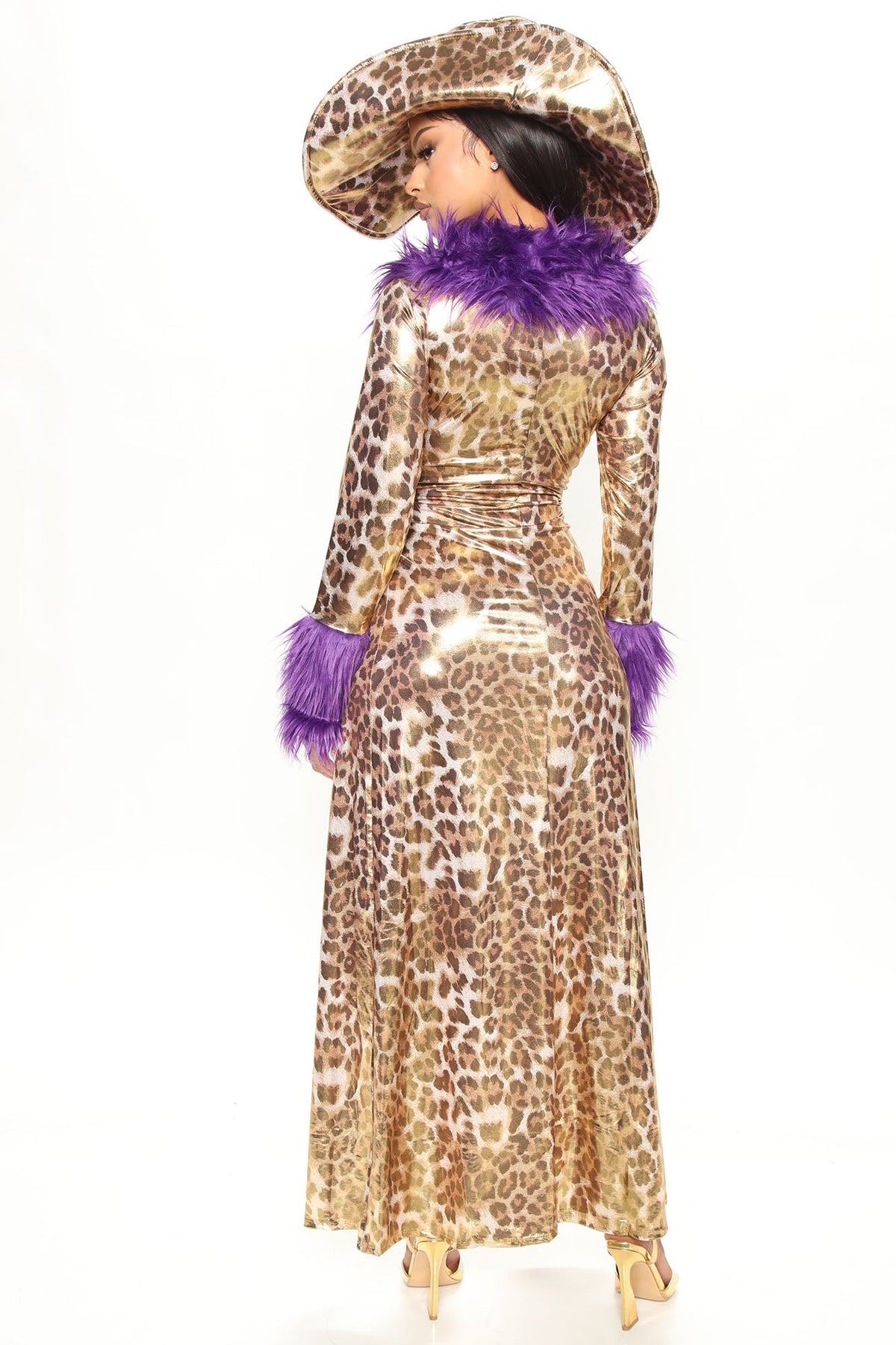 Metallic Print Coat Costume Set with Fur Trim and Matching Shorts