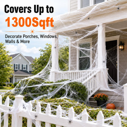 Wispy White Cobweb Bags with 40 Plastic Spiders in Six Coverage Sizes for Hedges Porches and Rooms