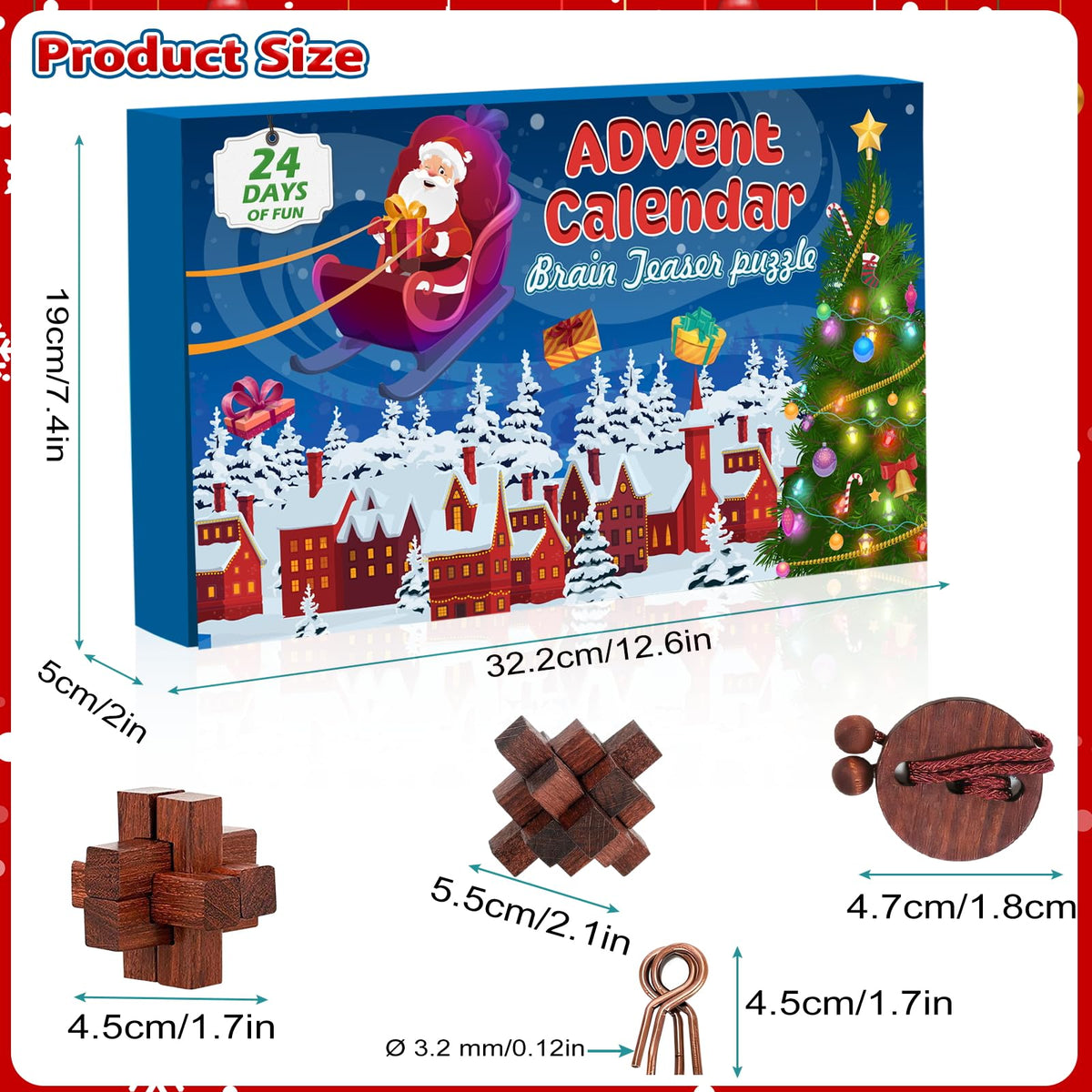 Brain Teaser Advent Box Packing 24 Interlocking Metal Ring and Wooden Block Puzzles for Puzzle Fans of Every Age