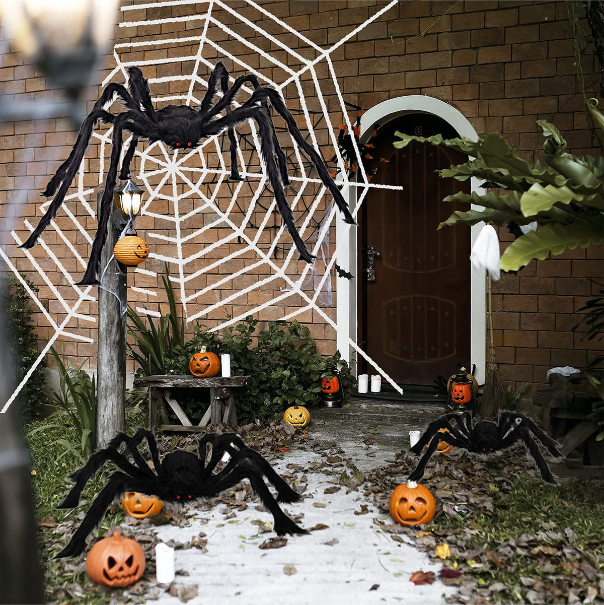 Poseable Hairy Spider Trio with 12 Foot Web for Halloween Doorways Hedges and Rails in Black Or White