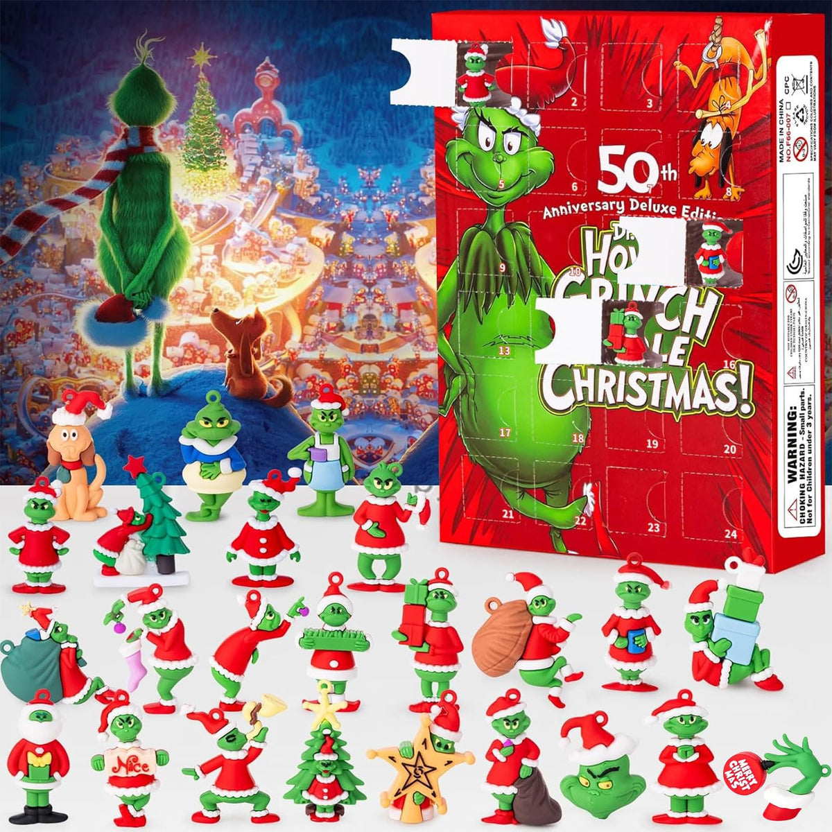 Holiday Figure Advent Box with 24 Small Plastic Collectibles in a Red, Black or Blue Box