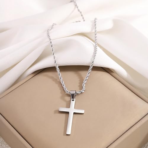 Mens Steel Crucifix Charm Chain, Silver Tone with Clasp Fastening