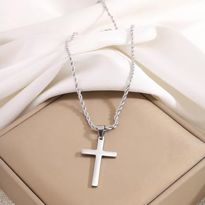 Mens Steel Crucifix Charm Chain, Silver Tone with Clasp Fastening