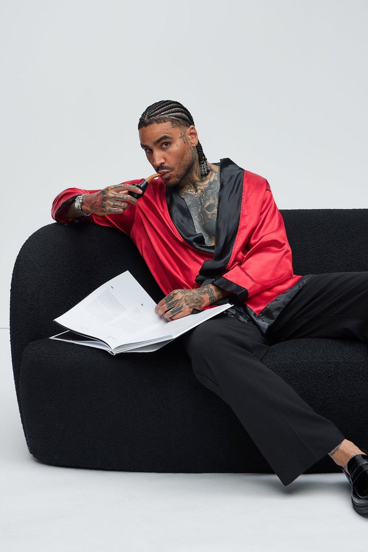 Belted Lounge Robe Costume Set with Pipe Accessory for Men