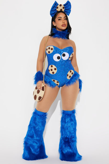 Sparkling Blue Bodysuit Costume Set with Sequins, Fur Details, and Accessories