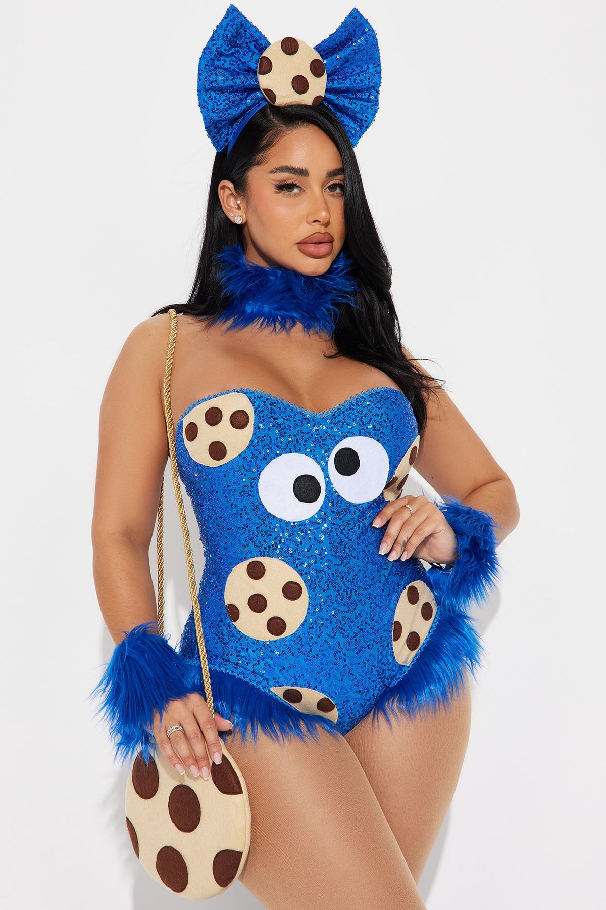 Sparkling Blue Bodysuit Costume Set with Sequins, Fur Details, and Accessories
