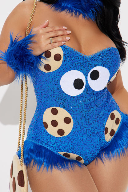 Sparkling Blue Bodysuit Costume Set with Sequins, Fur Details, and Accessories