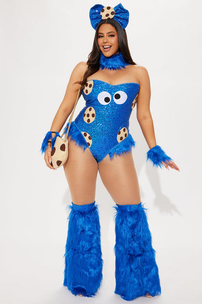 Sparkling Blue Bodysuit Costume Set with Sequins, Fur Details, and Accessories