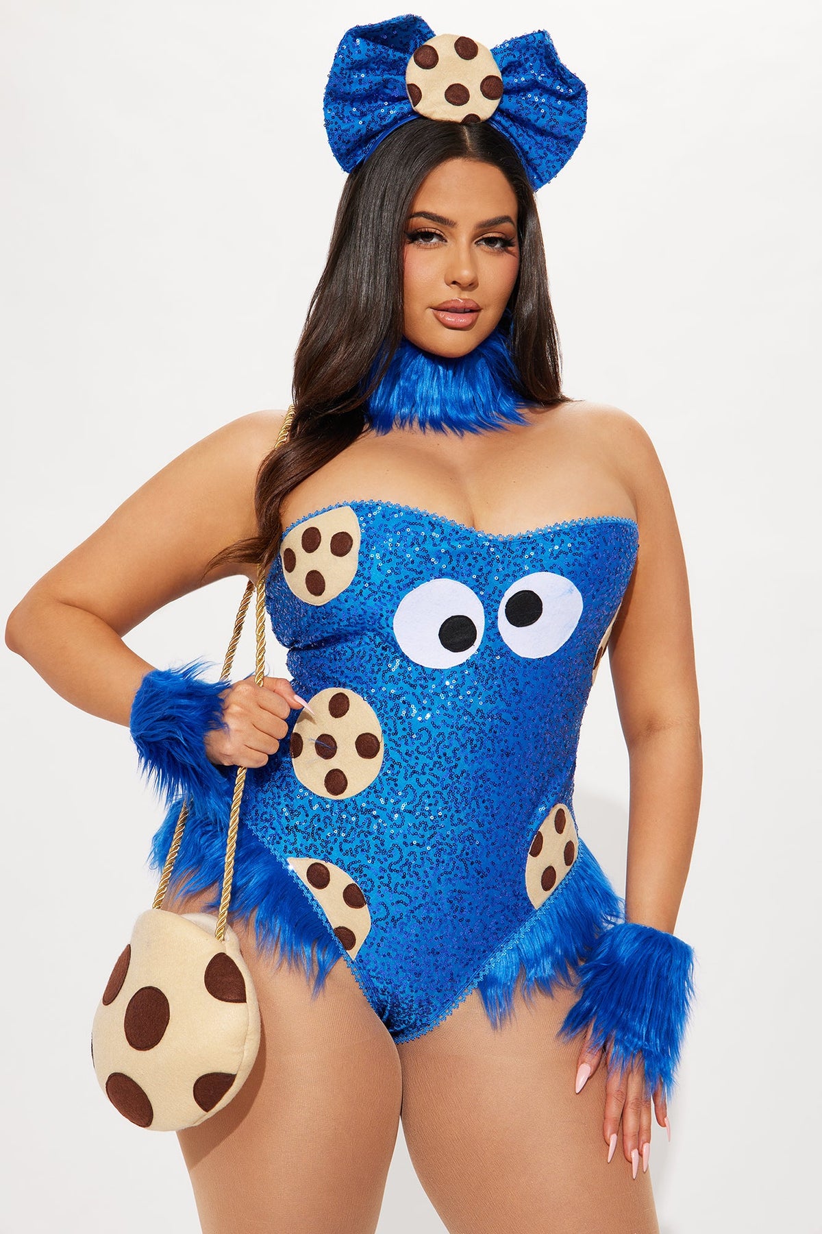 Sparkling Blue Bodysuit Costume Set with Sequins, Fur Details, and Accessories