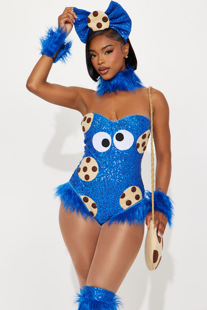 Sparkling Blue Bodysuit Costume Set with Sequins, Fur Details, and Accessories