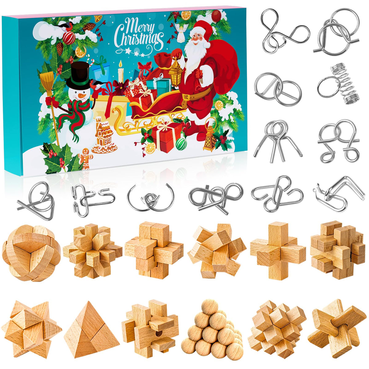 Brain Teaser Advent Box Packing 24 Interlocking Metal Ring and Wooden Block Puzzles for Puzzle Fans of Every Age