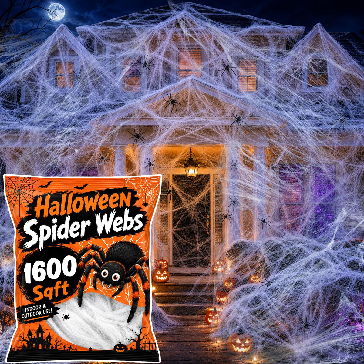 Wispy White Cobweb Bags with 40 Plastic Spiders in Six Coverage Sizes for Hedges Porches and Rooms