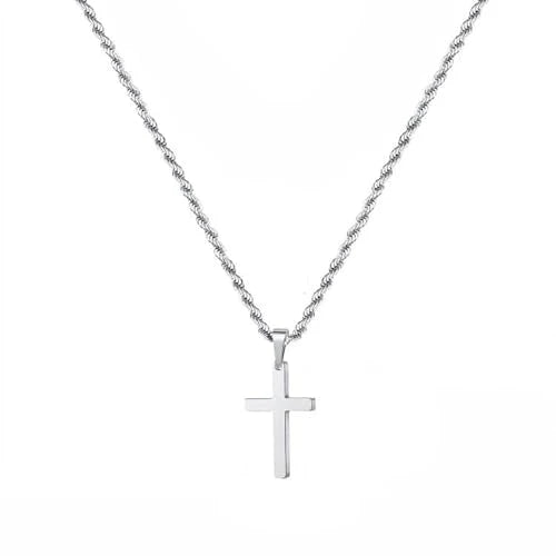 Mens Steel Crucifix Charm Chain, Silver Tone with Clasp Fastening