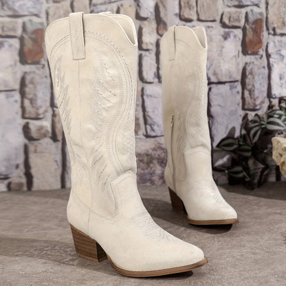 Women's Tall Western Boots with Stitched Pattern, Chunky Heel and Tapered Toe