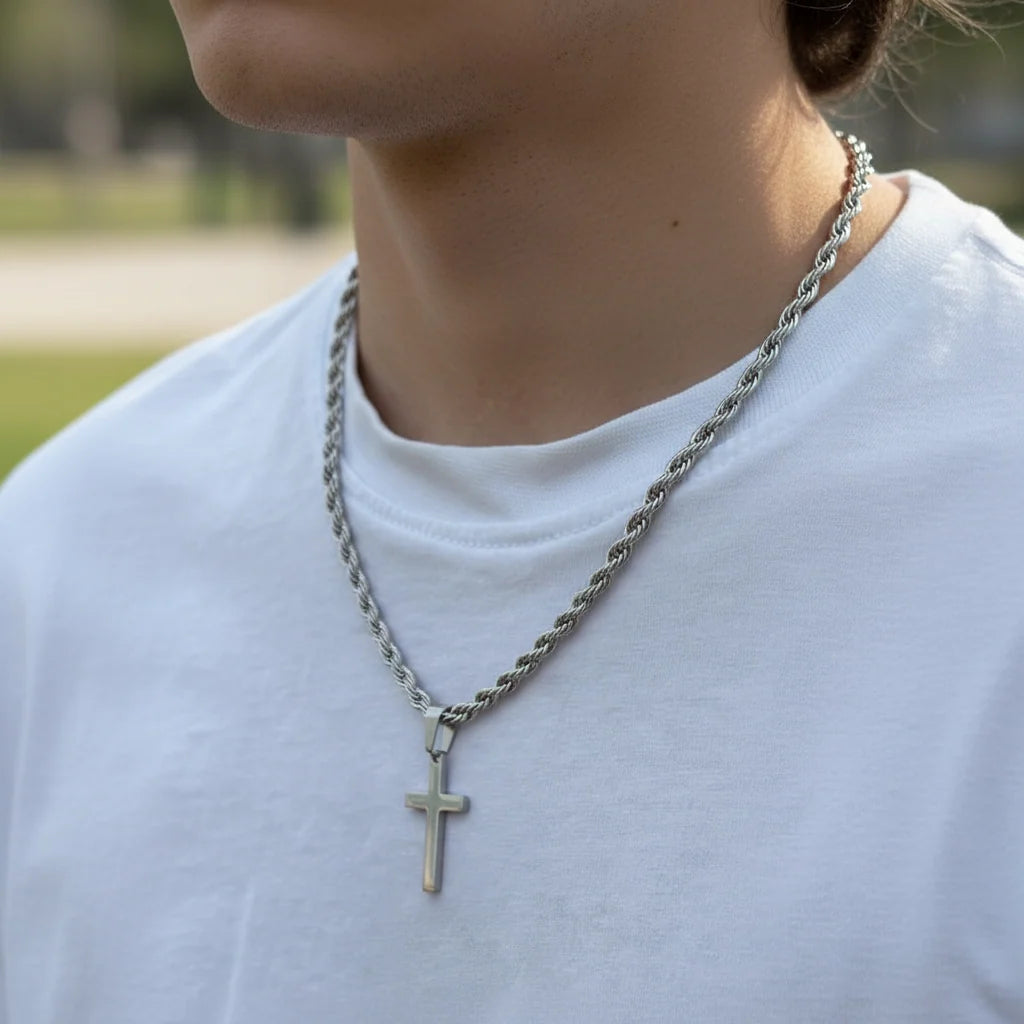 Mens Steel Crucifix Charm Chain, Silver Tone with Clasp Fastening