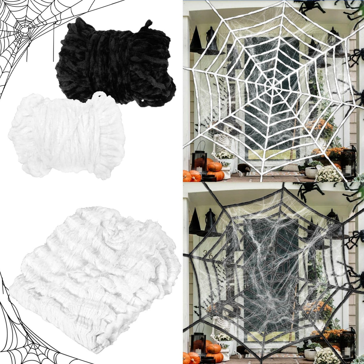 Wispy White Cobweb Bags with 40 Plastic Spiders in Six Coverage Sizes for Hedges Porches and Rooms