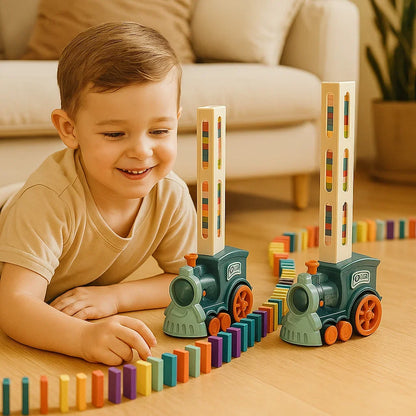Domino Laying Train Toy in Blue Or Pink Sets with 60 Dominoes and Extra Domino Packs
