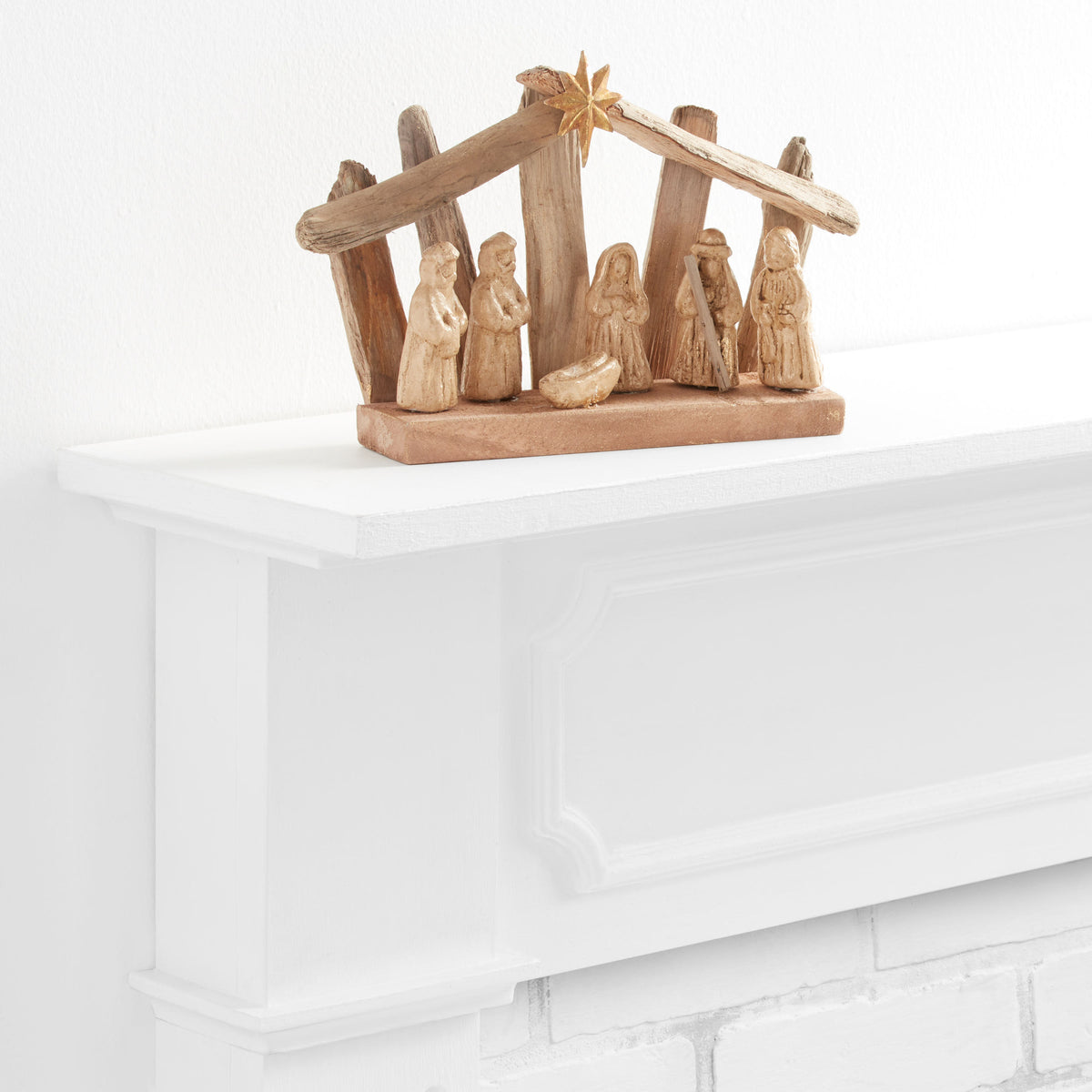 Rustic Nativity Scene Built from Weathered Driftwood and Metal with Gold Washed Paper Pulp Figures