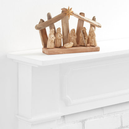 Rustic Nativity Scene Built from Weathered Driftwood and Metal with Gold Washed Paper Pulp Figures