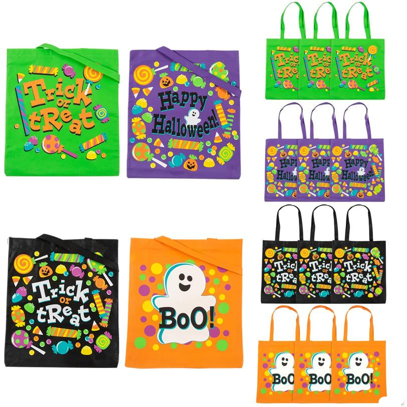 Reusable Fabric Halloween Totes Set of 12 in Green Purple Black and Orange for Candy Collecting