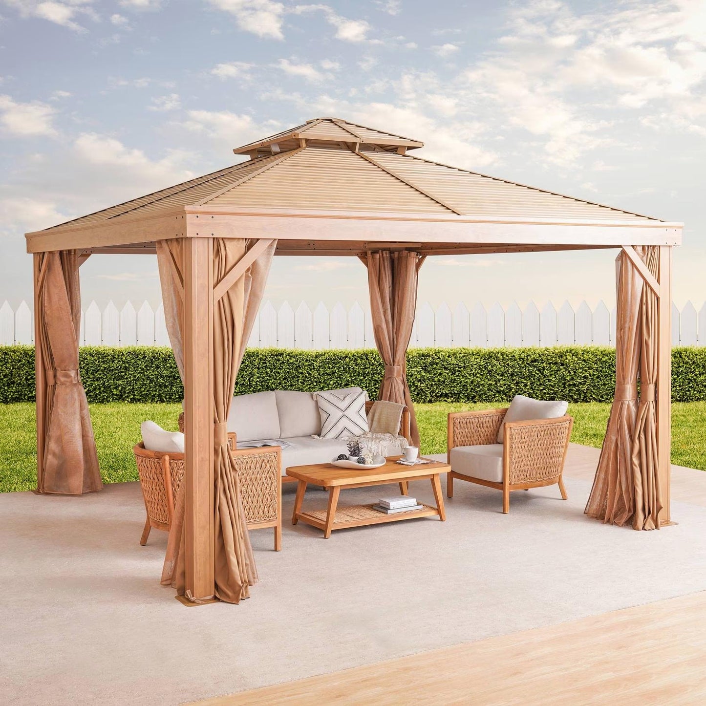 Aygo Brown Outdoor Garden Gazebo with Mosquito Net & Curtains