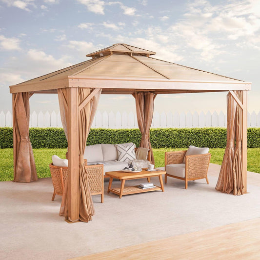 Aygo Brown Outdoor Garden Gazebo with Mosquito Net & Curtains