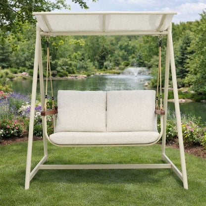 Cream 2-Seater Outdoor Patio Swing Chair with Aluminum Frame & Fabric Cushions