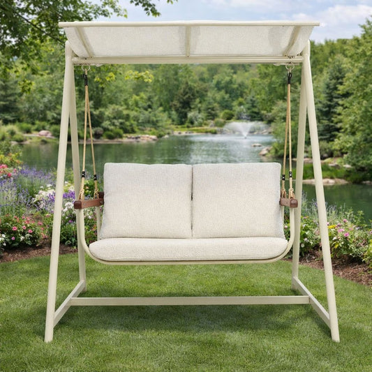Cream 2-Seater Outdoor Patio Swing Chair with Aluminum Frame & Fabric Cushions