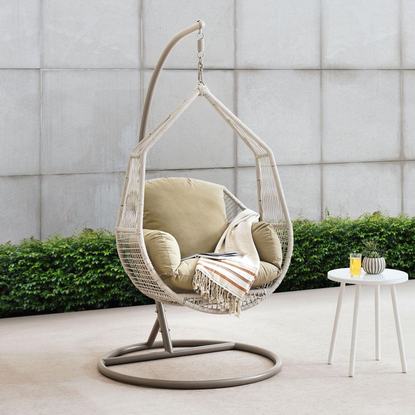 Cream Outdoor Hanging Egg Chair Swing with Steel Frame & Removable Cushion