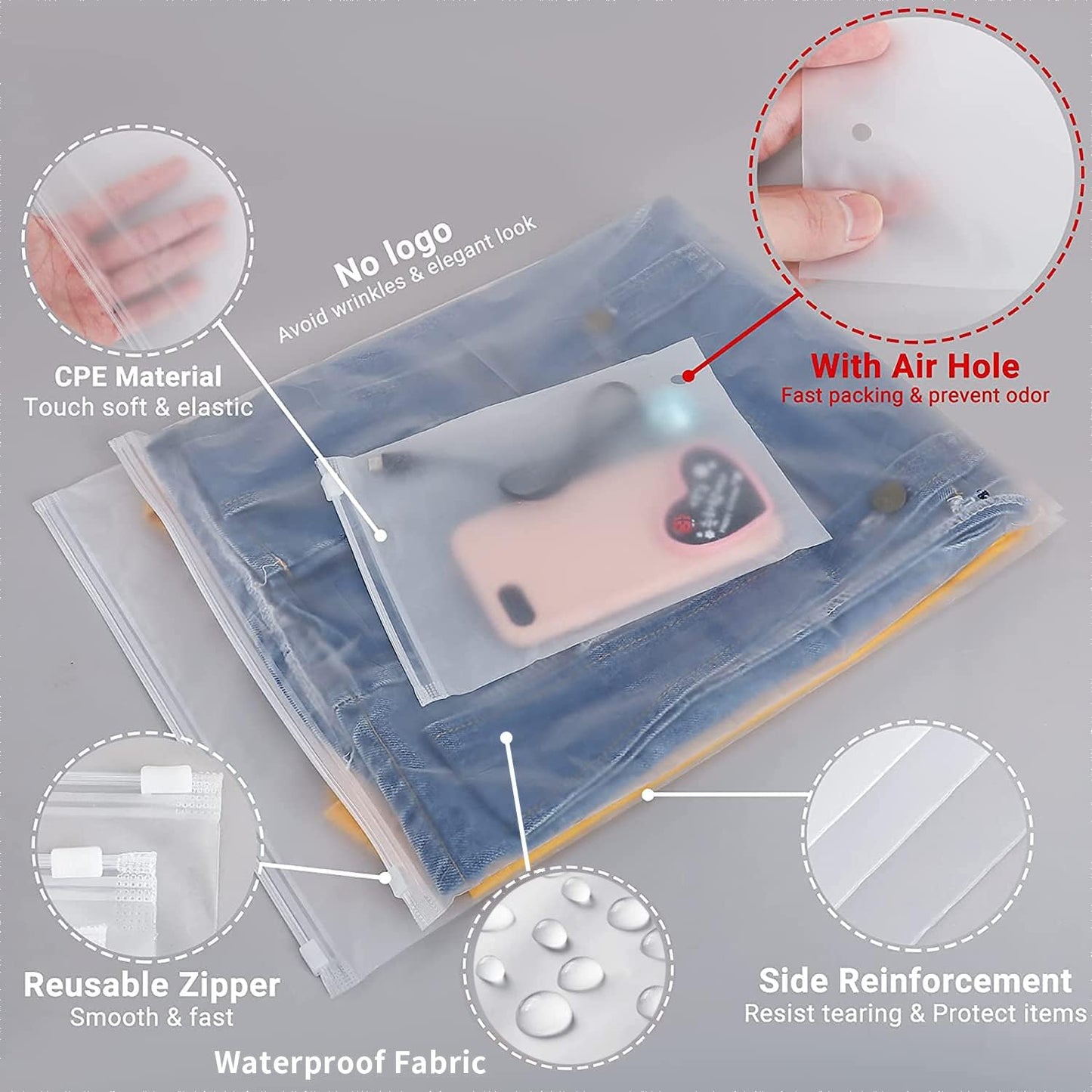 Frosted Zip Storage Bags with Ventilation Holes and Slide Closure, 20 Pack