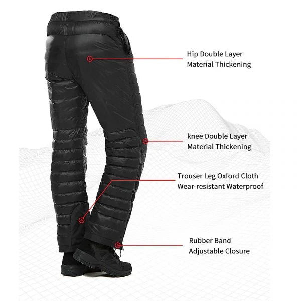 Goose Down Insulated Pants with Side Zippers and Oxford Legs for Winter Hiking