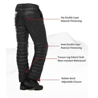 Goose Down Insulated Pants with Side Zippers and Oxford Legs for Winter Hiking
