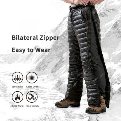 Goose Down Insulated Pants with Side Zippers and Oxford Legs for Winter Hiking