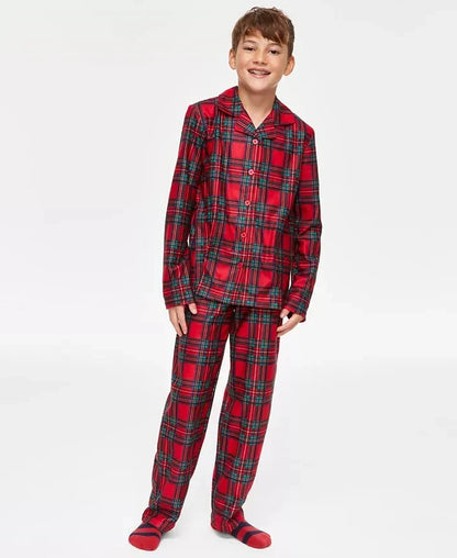 Kids Plaid Pajama Set with Notched Collar Shirt and Pull On Stretch Pants