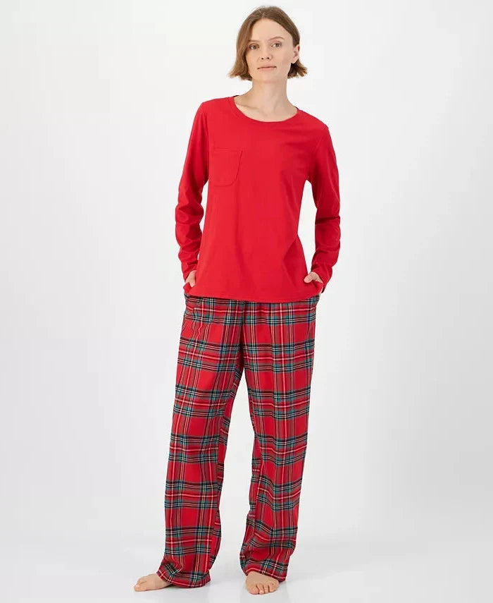 Plaid Cotton Pajama Set with Pullover Crewneck Top and Hip Pocket Drawstring Pants