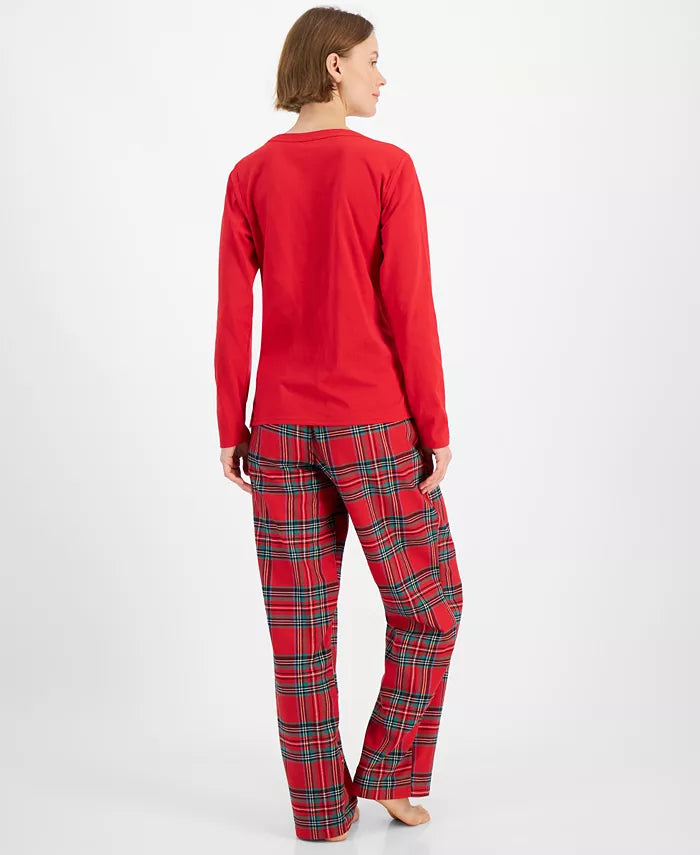 Plaid Cotton Pajama Set with Pullover Crewneck Top and Hip Pocket Drawstring Pants