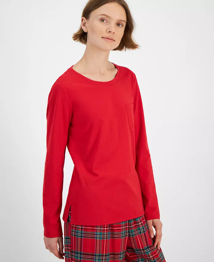 Plaid Cotton Pajama Set with Pullover Crewneck Top and Hip Pocket Drawstring Pants