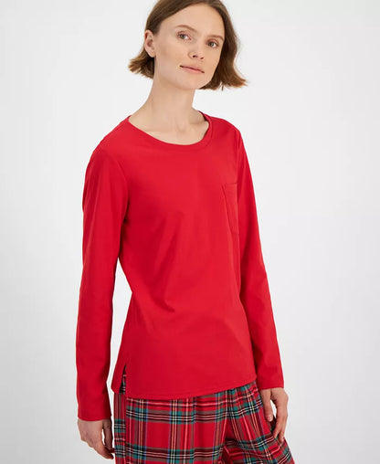Plaid Cotton Pajama Set with Pullover Crewneck Top and Hip Pocket Drawstring Pants