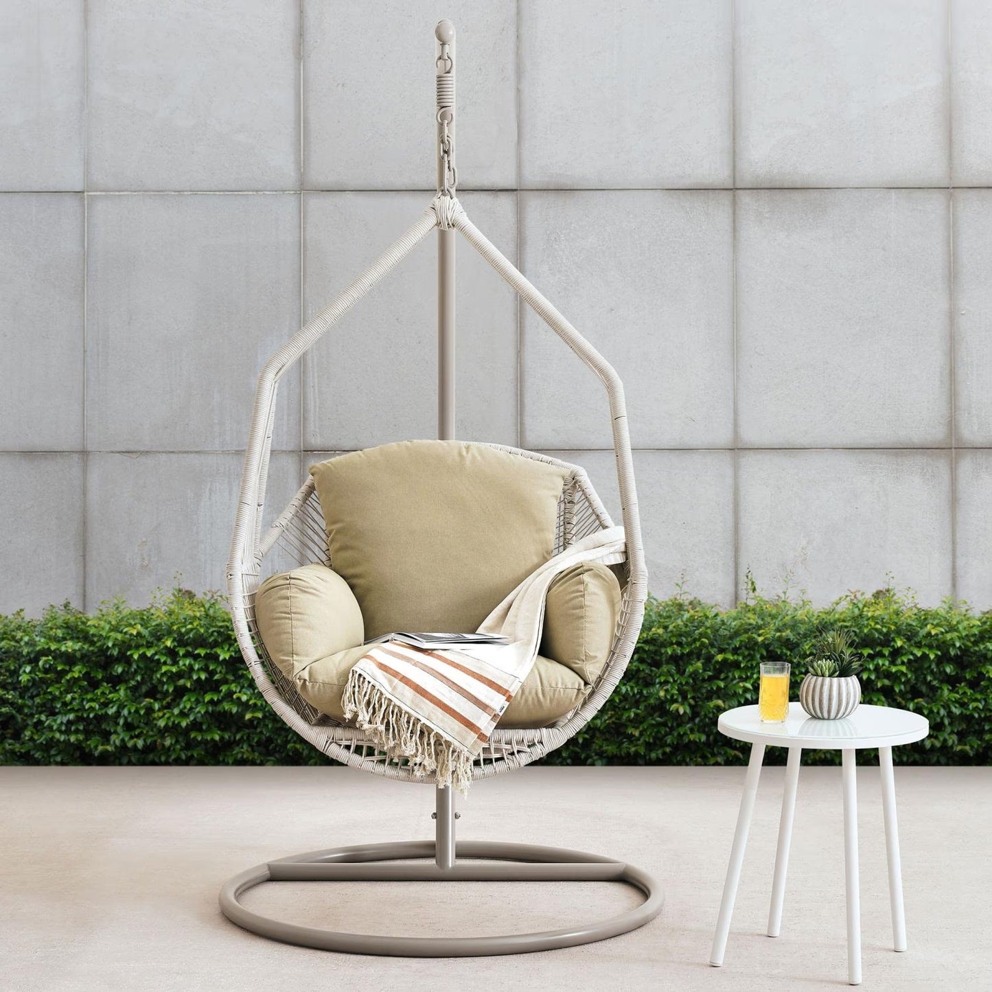 Cream Outdoor Hanging Egg Chair Swing with Steel Frame & Removable Cushion
